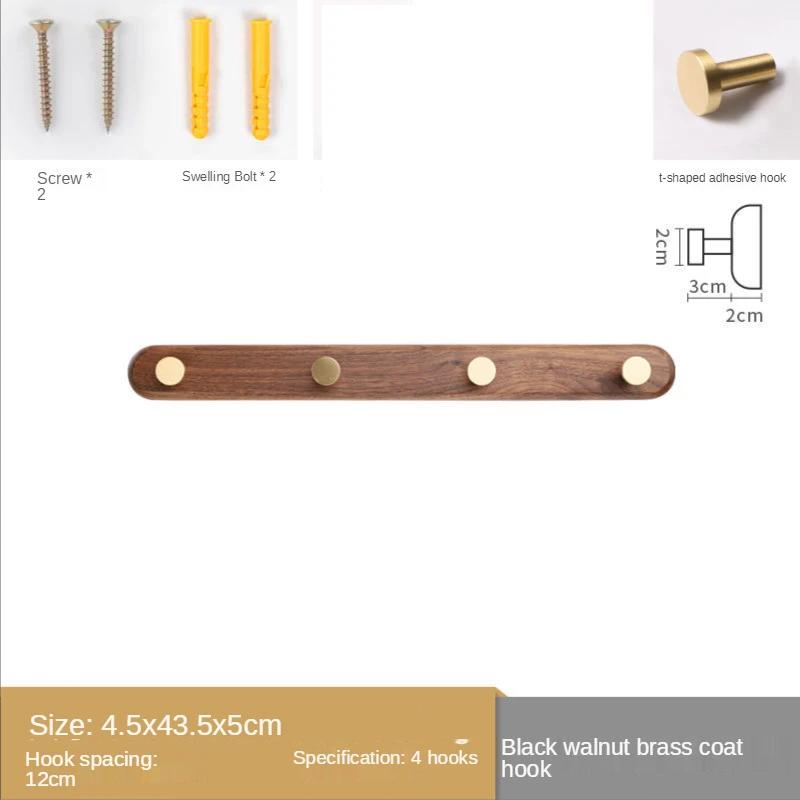 1pc Solid Wood Brass Coat Hook, Black Walnut Wood Coat Hanger, Clothing Hooks,Wall Mounted Storage Rack Drilling Installation