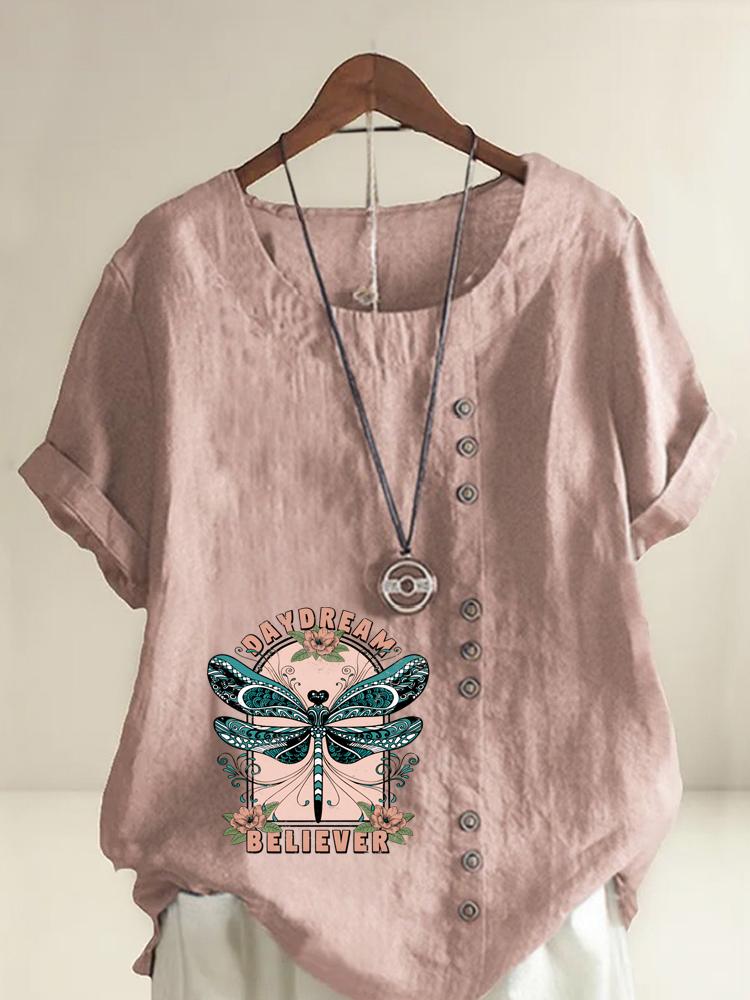 Women s Fashion Dragonfly Alphabet Print Shot Sleeve T-shirt Loose Cotton Shirt Casual Loose Summer Blouse Tops Plus Size S розовый