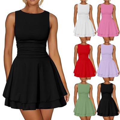 Women's Casual And Fashionable Pleated Hem Round Neck Dress Sleeveless Tight Corset Short Dress