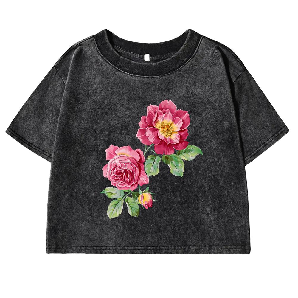 Beautiful Flowers Printing T-Shirt Women Washed Summer Soft Clothing Short Sleeve Streetwear Cotton Crop Top Female