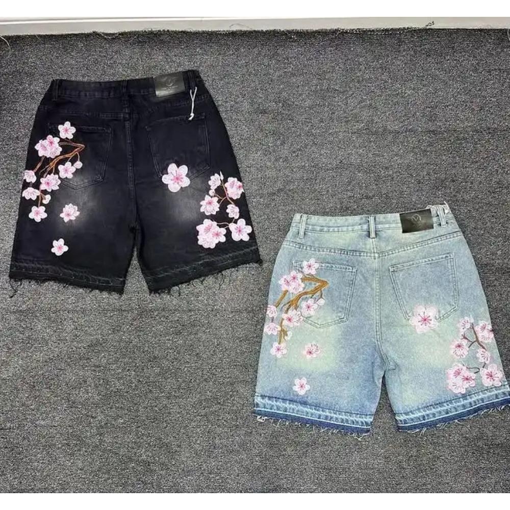 ZYLLO Gothic Mens Womens Cherry Blossom Embroidery Denim Shorts Y2K Jeans Harajuku Hip Hop Retro Baggy Shorts Fashion Casual Pants