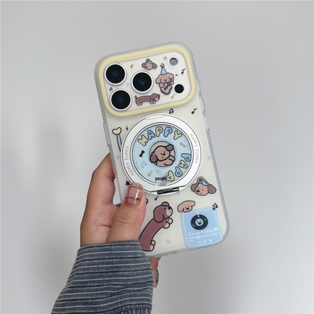 INS Style Cartoon Sausage Dog Rotating Stand Phone Case for iPhone 15/16PM/17Pro - Drop-Proof Design