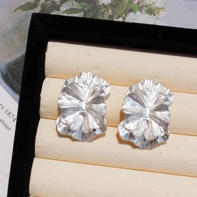 High-End Silver Double-Layer Flower Earrings, Light Luxury Temperament Exaggerated Petal Stud Earrings, Plant Earrings 08