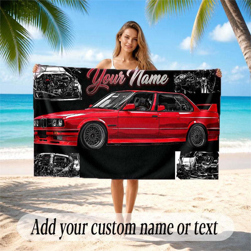 Car Racing Theme Beach Towel Personalized Custom Name & Text Soft Quick Dry Beach Towel for Swimming Travel