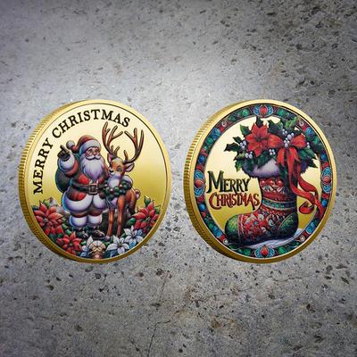 Christmas Coins, Commemorative Medals, European and American, Santa Claus, Sled, Deer, Colorful, Commemorative Gold Coins, Decision Game Coins