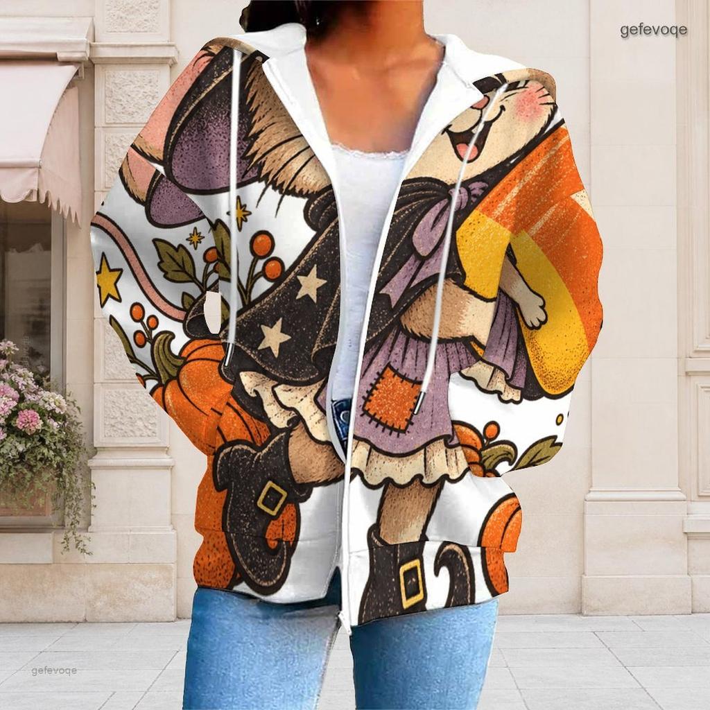 Women Plus Size Zip Up Drawstring Hoodie Long Sleeve Pumpkin Printed Casual Hooded Sweatshirt With Pockets