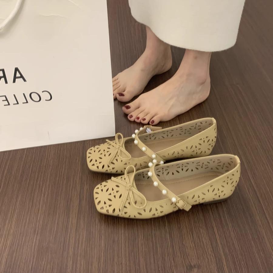 Versatile and Not Tired of Feet, One-word Buckle Strap, Square Head, Mary Jane Shoes, Fairy, Breathable, Hollowed Out, Flat-bottomed Ballet Single Sh