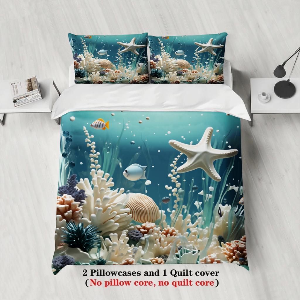 3pcs Blue Queen King Size Duvet Cover With 2 Pillowcases 3D Printed Coral Reef Sealife Soft Bedding Sets Comforter Not Included
