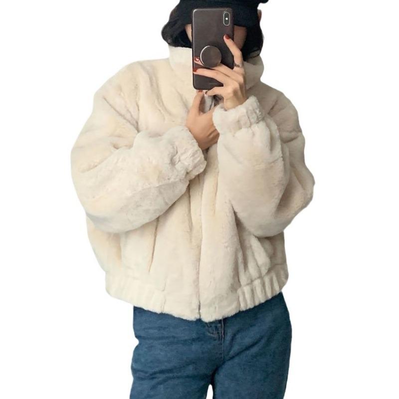 Gray Stand-up Collar Long-sleeved Fluffy Imitation Fur Jacket Women's Winter Loose Short Thickened Warm Top