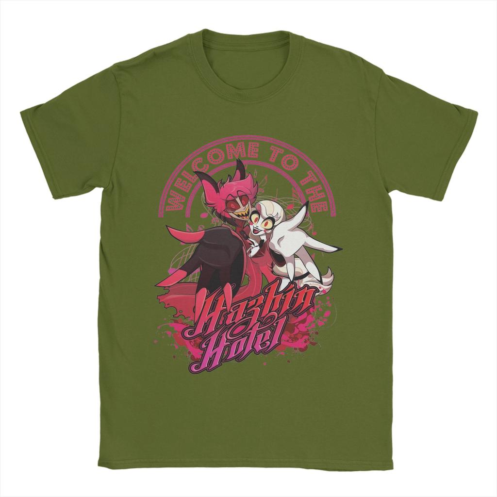 Men Welcome to the Hazbins Hotels T Shirts Pure Cotton Tops Vintage Short Sleeve O Neck Tees Printed T-Shirts