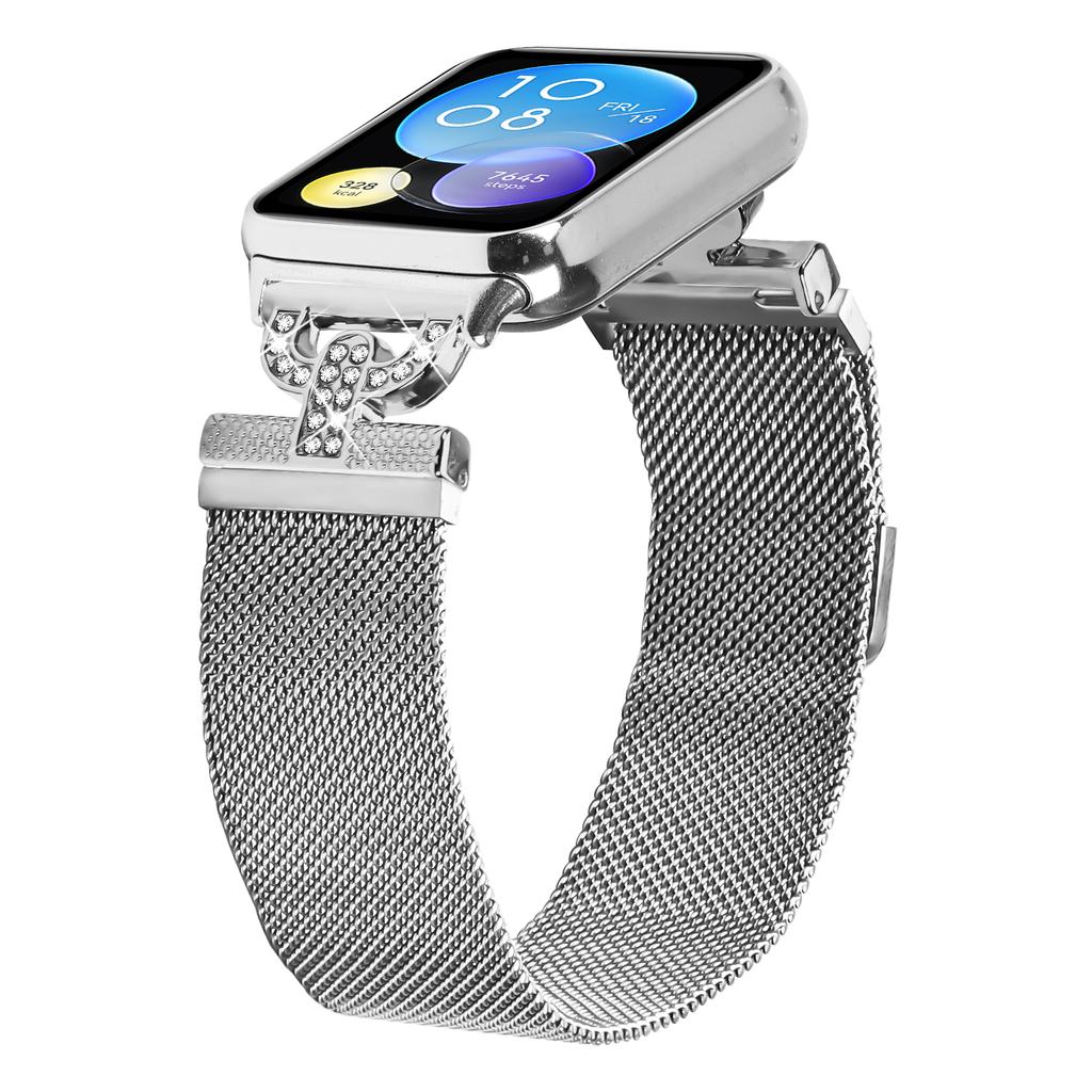 For Xiaomi Redmi Watch 4 Watch Band Silver Milanese Stainless Steel Strap D-Shape Rhinestones Decor