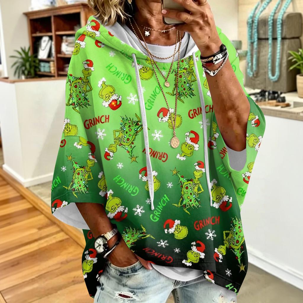 Women's Christmas Print Hooded Loose Fit Sweatshirt