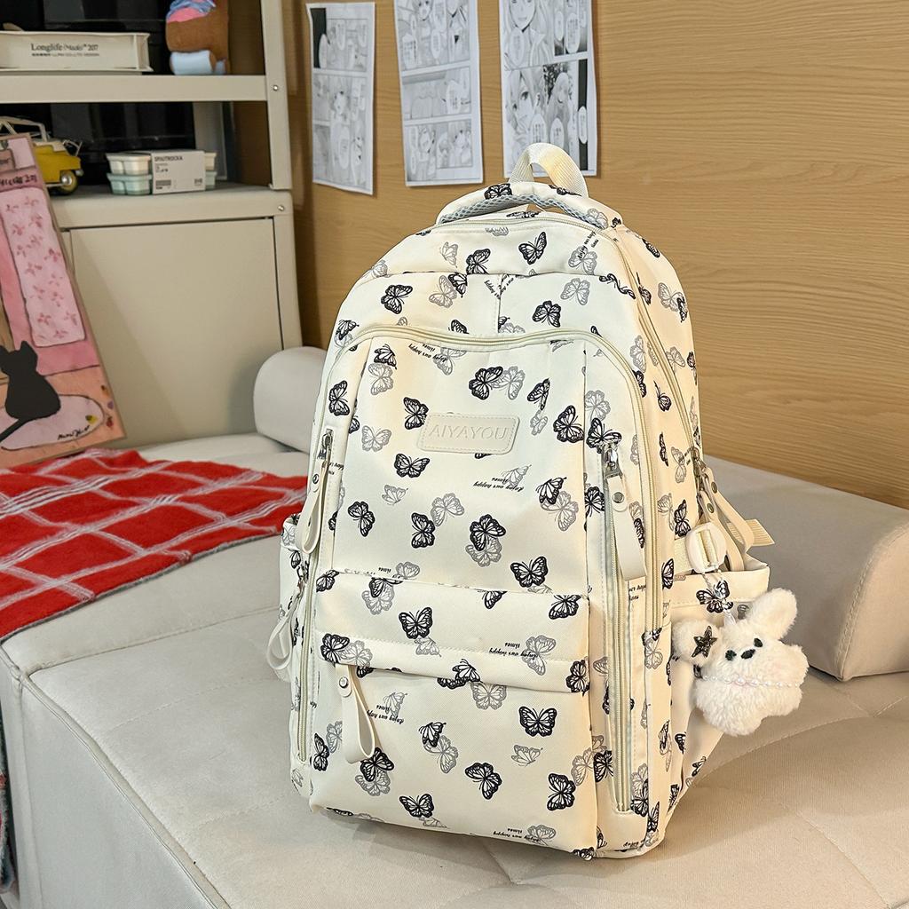 Schoolbag New Schoolbag College Style Light and Cute Backpack Junior High School Students Girls National Style Butterfly Printing Light Backpack