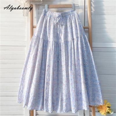 Πράιρι Σικ Άνοιξη Καλοκαίρι Γυναικεία Φούστα Α-γραμμής Ψηλόμεση Φλοράλ Κέντημα Διάτρητη Γλυκιά Φούστα Κομψή Θηλυκή Σικ Φούστες