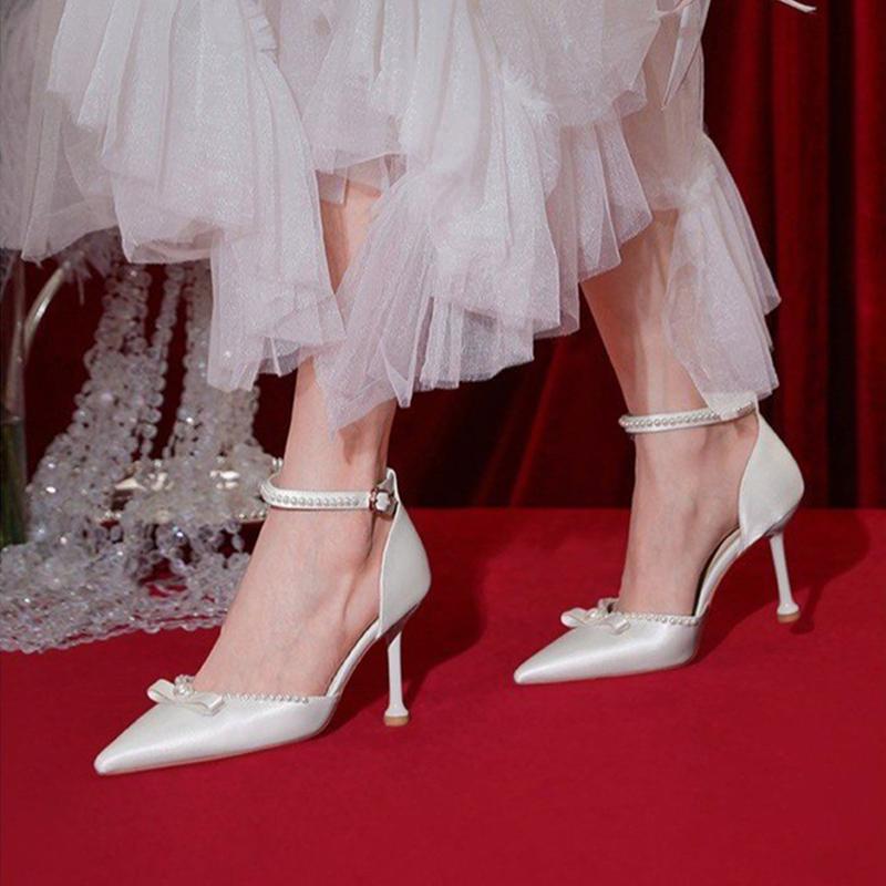 

Rimocy, элегантные туфли-лодочки с жемчугом и бантом, женские туфли на высоком каблуке с острым носком и ремешком на щиколотке, женские свадебные туфли на шпильке с бусинами 39