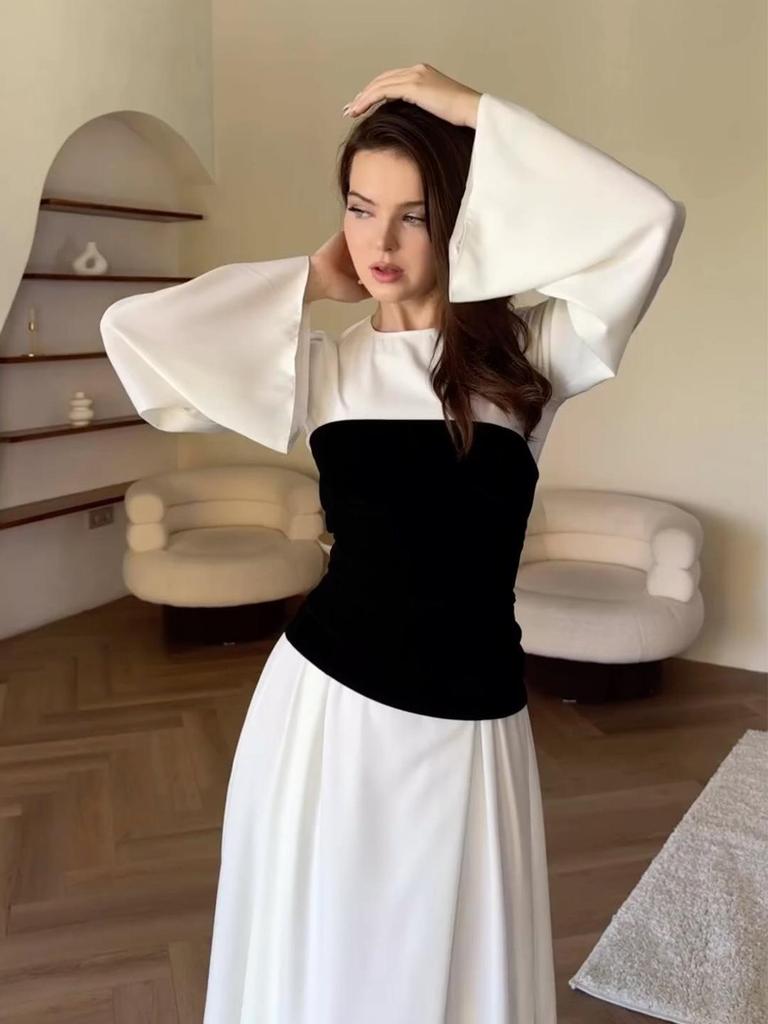 2025 Black & White Patchwork Waist-Cinched Slimming Dress for Women - Autumn Long Skirt