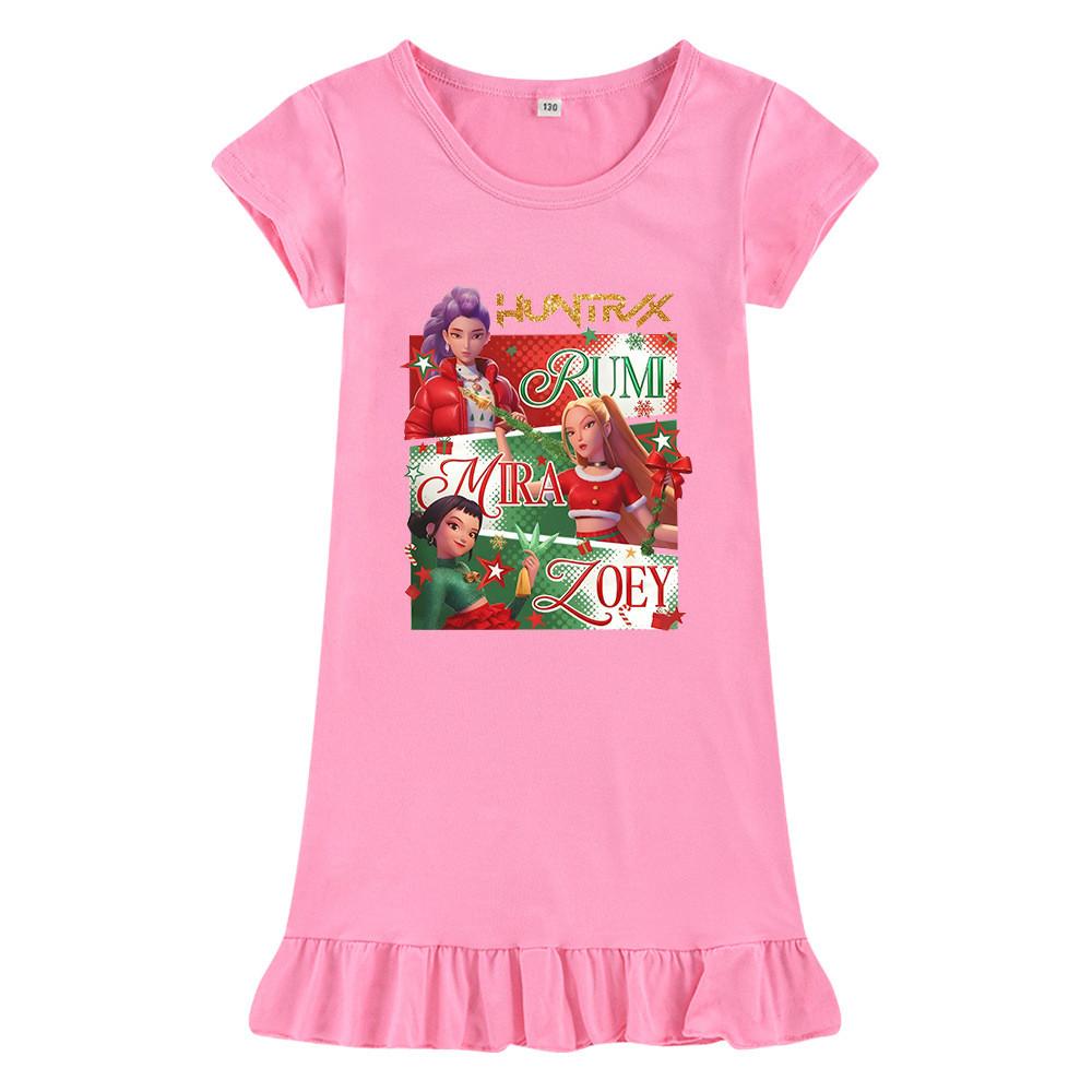 M1264 Kids Girls Christmas New Year Kpop Rumi Zoey Mira Print Short Sleeves Ruffle Dress