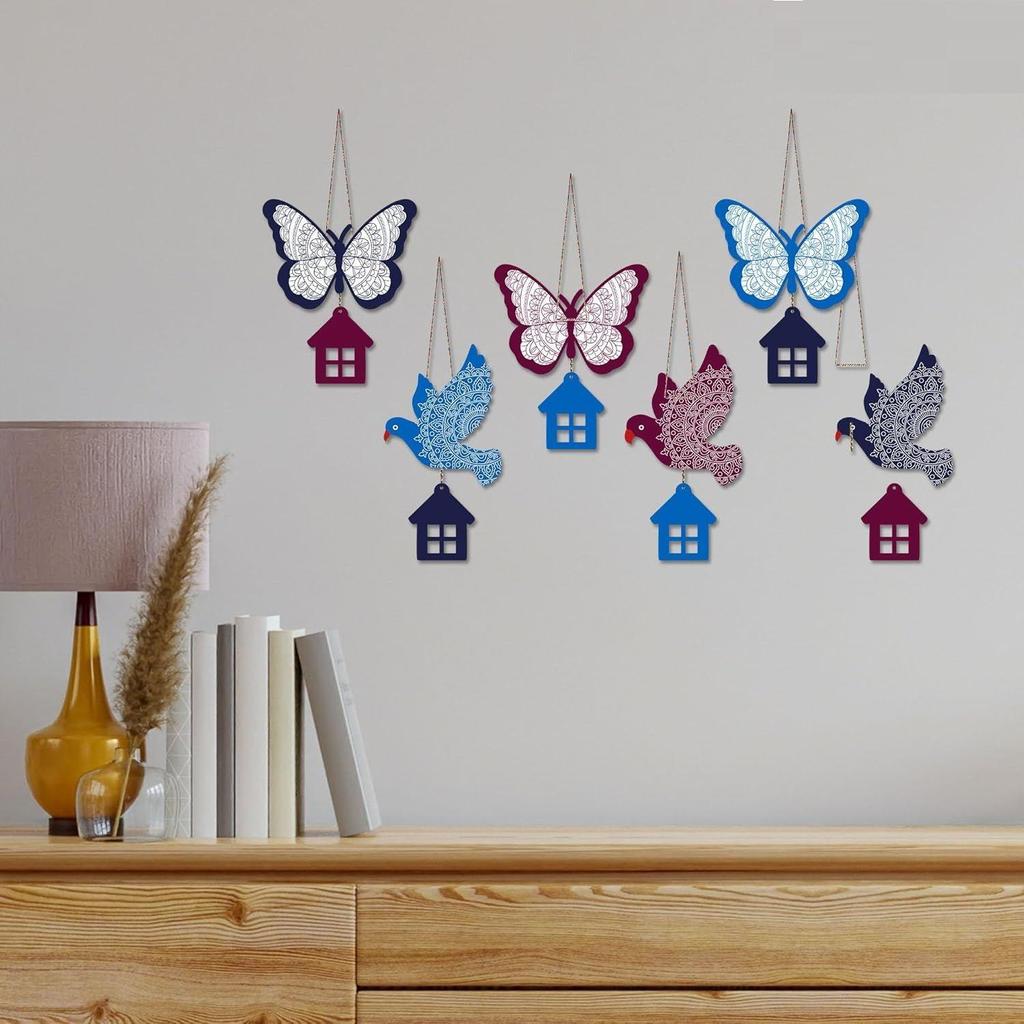 Multicolored Birds & Butterfly Wooden Wall Hanging for Home Decoration | Garden Balcony | Office | Cafe | Decorative Door Hanging (Pack of 6)