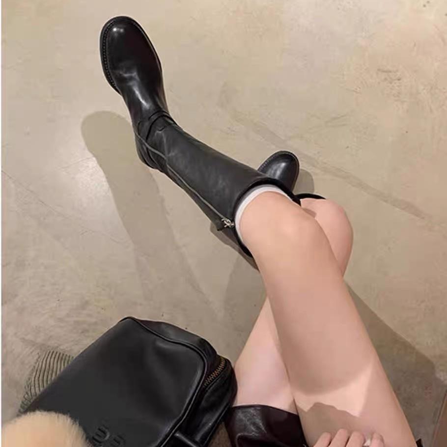 Cowhide~ Grape Mom same retro boots women's double buckle belt but knee boots side zipper thick heel knight boots