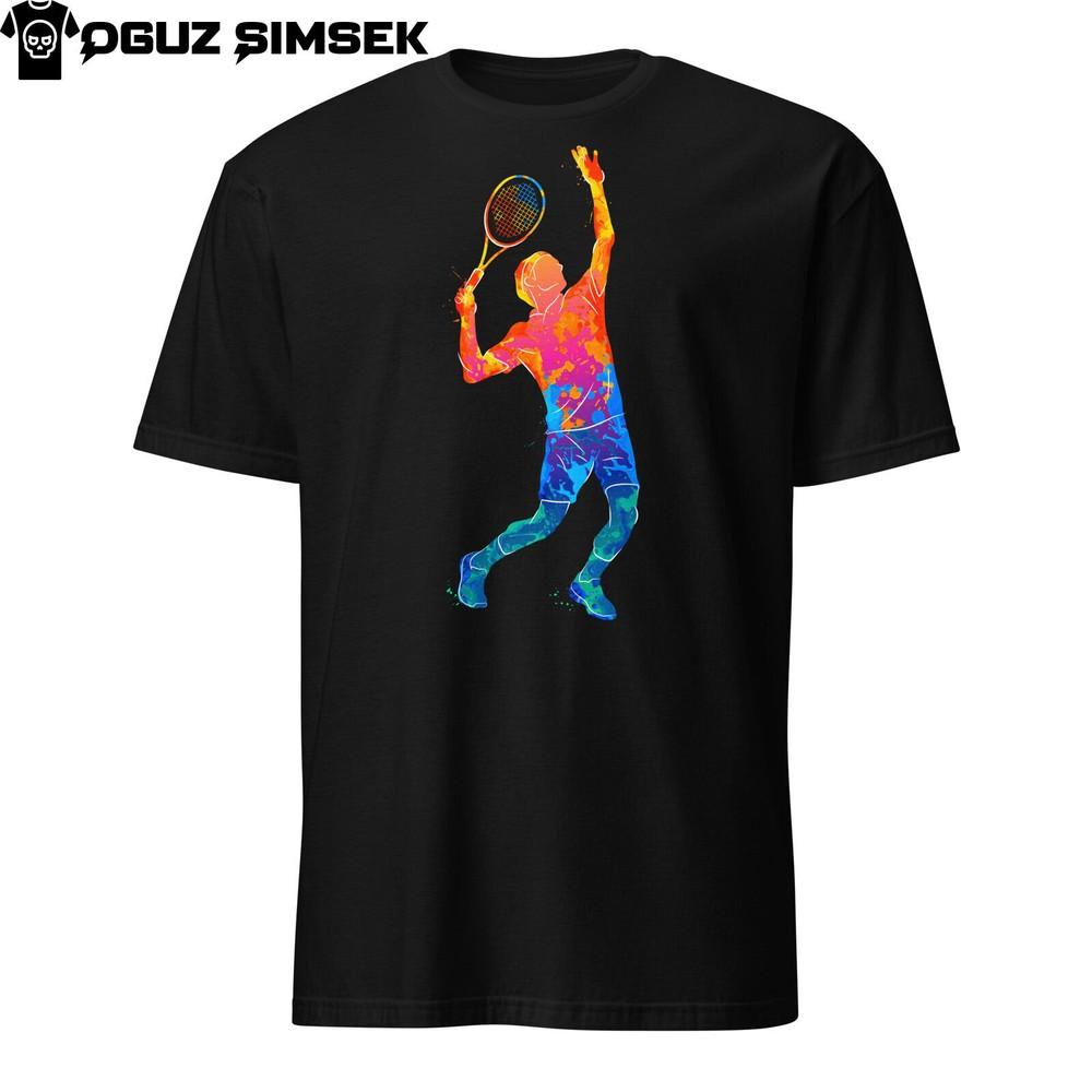 

Abstract Colorful Silhouette Tennis Player with Racket Unisex T-Shirt Unique Tee L