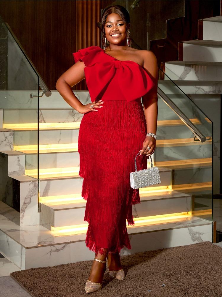 

Одноплечі сукні з китицями для жінок Сексуальні з великим бантом Волани Для весільного гостя Нагоди Вечірка Святкування Африканський танець Побачення Сукні Нові XXL червоний
