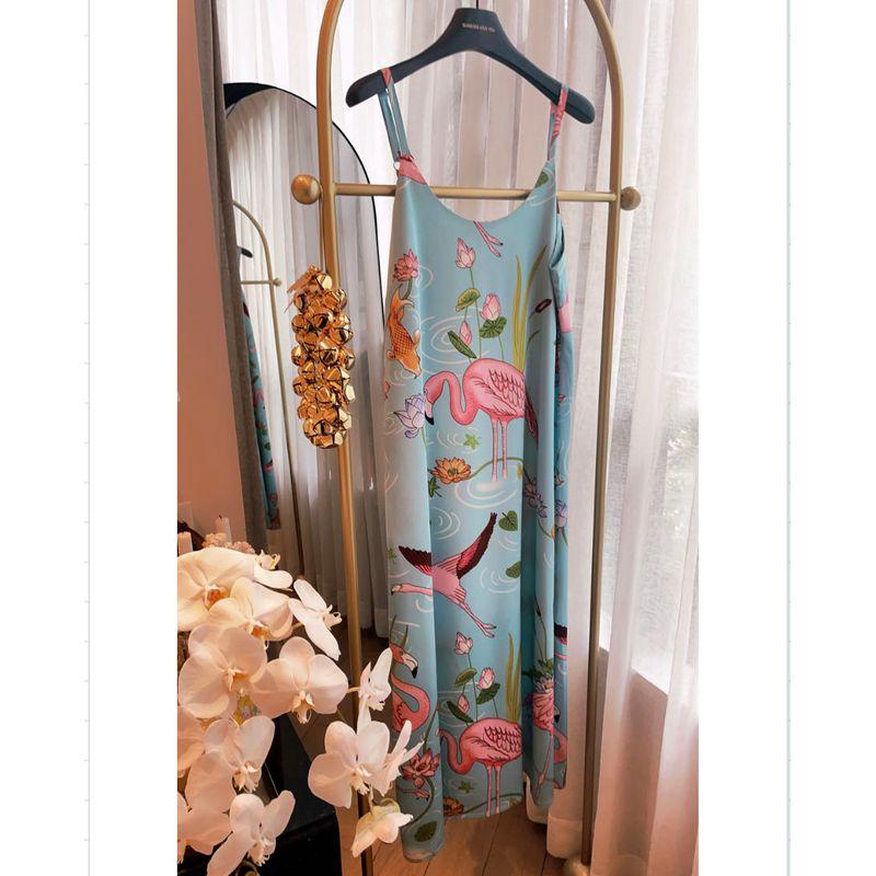 

British Accessible Luxury ~ Km Flamingo Print Artificial Silk Silks and Satins Pajamas Women s Suit Summer Long Sleeves Pants Homewear Fashion Slip Skirt M