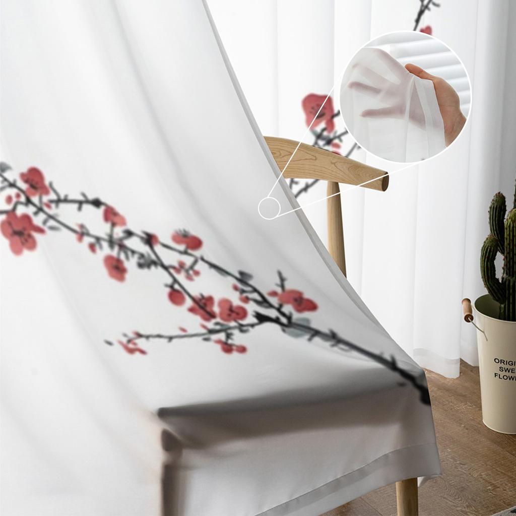 Pflaumenblütenzweig Liebesherz Transparente Vorhänge für Wohnzimmer Schlafzimmer Tüllvorhänge Küchenfensterdekorationen Paneelvorhänge