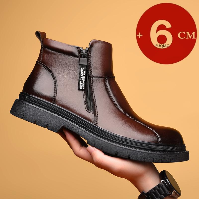 6cm Höherwachsende Schuhe Für Männer Echtes Leder Winter Schneestiefel Mit Wollfleece-Futter Seitenreißverschluss Warme Knöchelhohe Stiefel