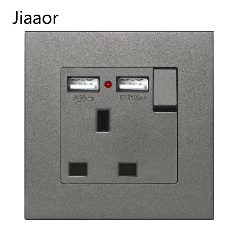 Grey British Standard Double Gang Switch Socket with USB & Type C - Hong Kong/Macau Compatible, Concealed 86 Type
