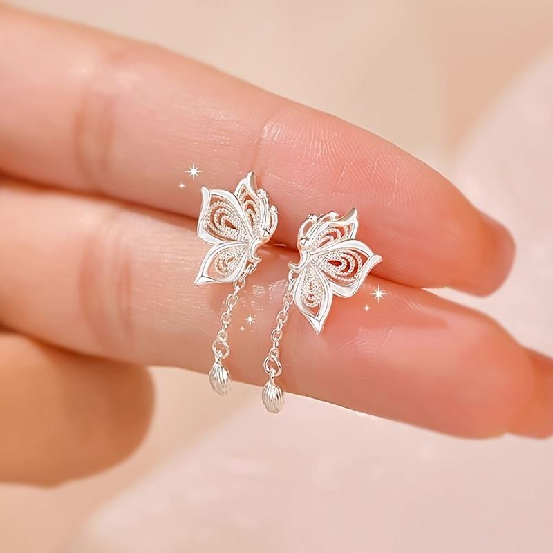 Pair of Elegant Hollow Butterfly Tassel Earrings – Hypoallergenic Silver Plated, Romantic Choice for Special Occasion & Meetings