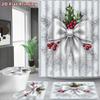 4Pcs 2D Flat Christmas Gift Shower Curtain Set with Non-Slip Bath Mat, Toilet Lid Cover, Contour Rug & 12 Hooks, Bathroom Decor