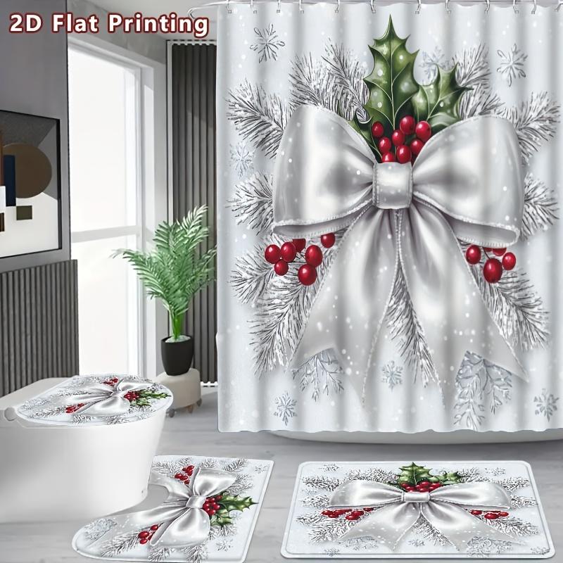 4Pcs 2D Flat Christmas Gift Shower Curtain Set with Non-Slip Bath Mat, Toilet Lid Cover, Contour Rug & 12 Hooks, Bathroom Decor