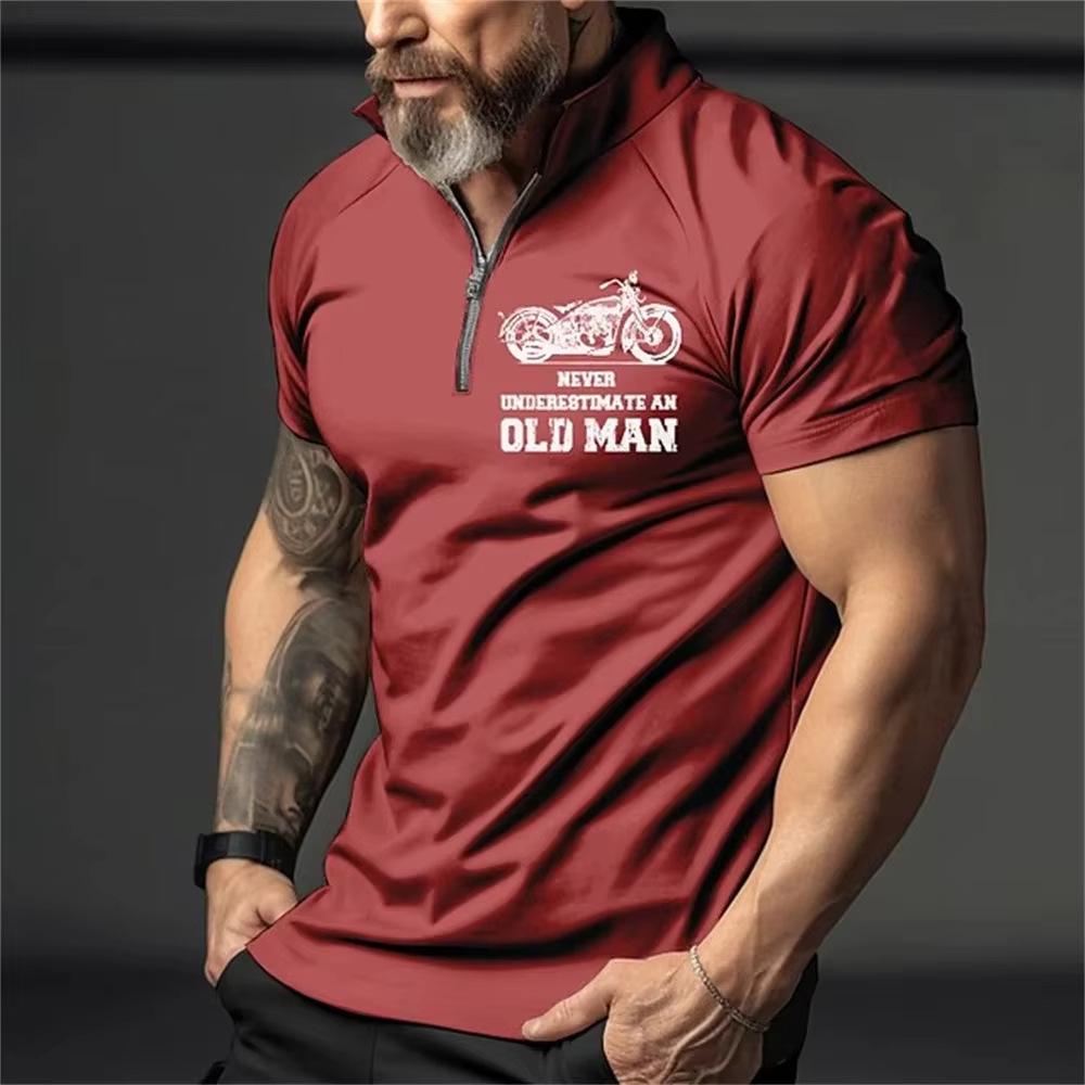 Retro Men's 3D Print Short Sleeve Polo with Zipper Lapel