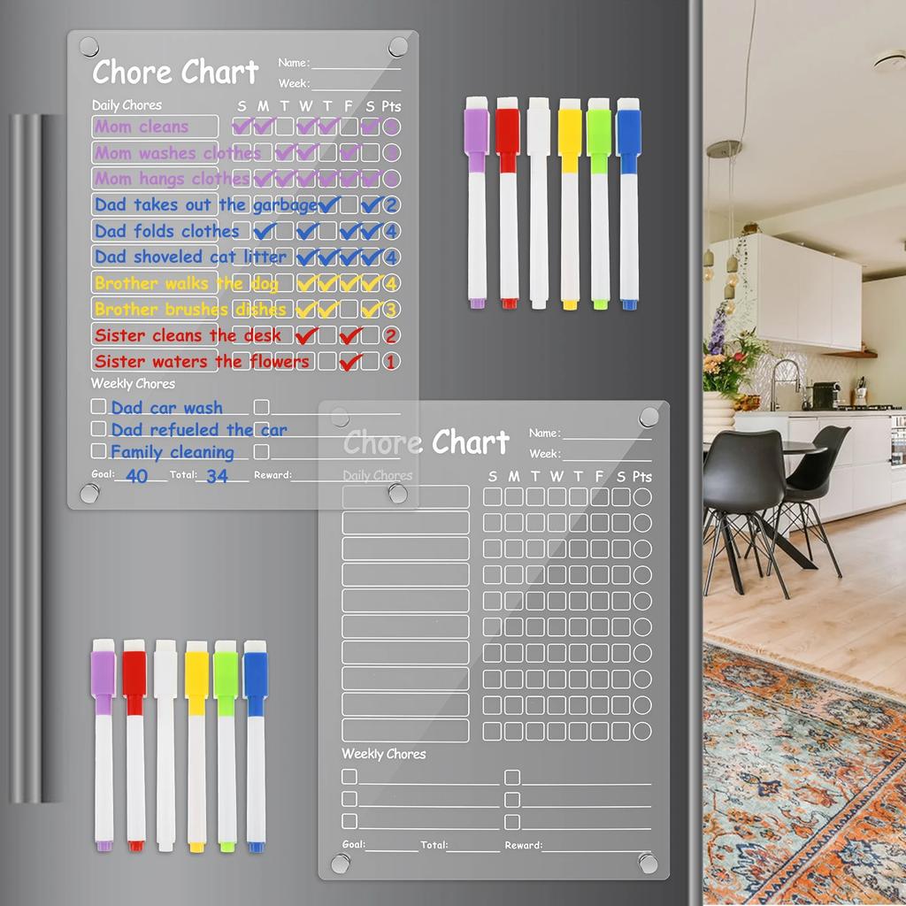 Acrylic Magnetic Chore Chart, Responsibility Reward Chore Board for Refrigerator 12"x8" Daily/Weekly To Do List White Board