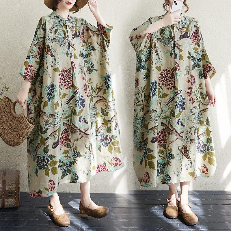 Dimanaf 2025 Summer Women Plus Size Loose Dress Vintage Floral Casual Buttons Long Dress New Oversized