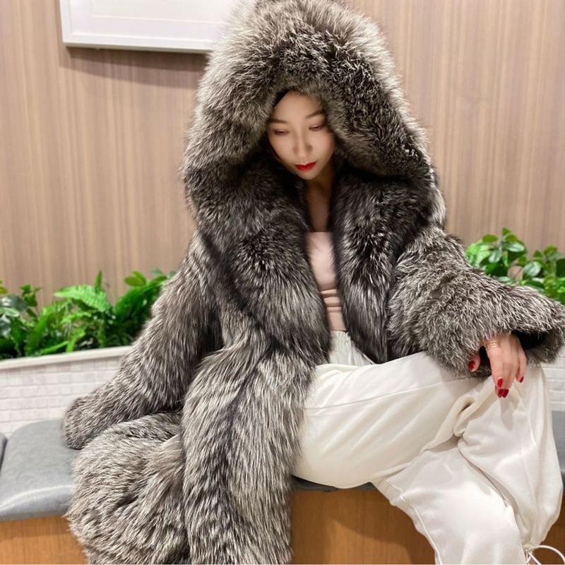 Autumn and Winter New Women's Fur Coat Imitation Fox Fur Long-Cut Coat Fashion Hooded Coat Winter Trench Coat