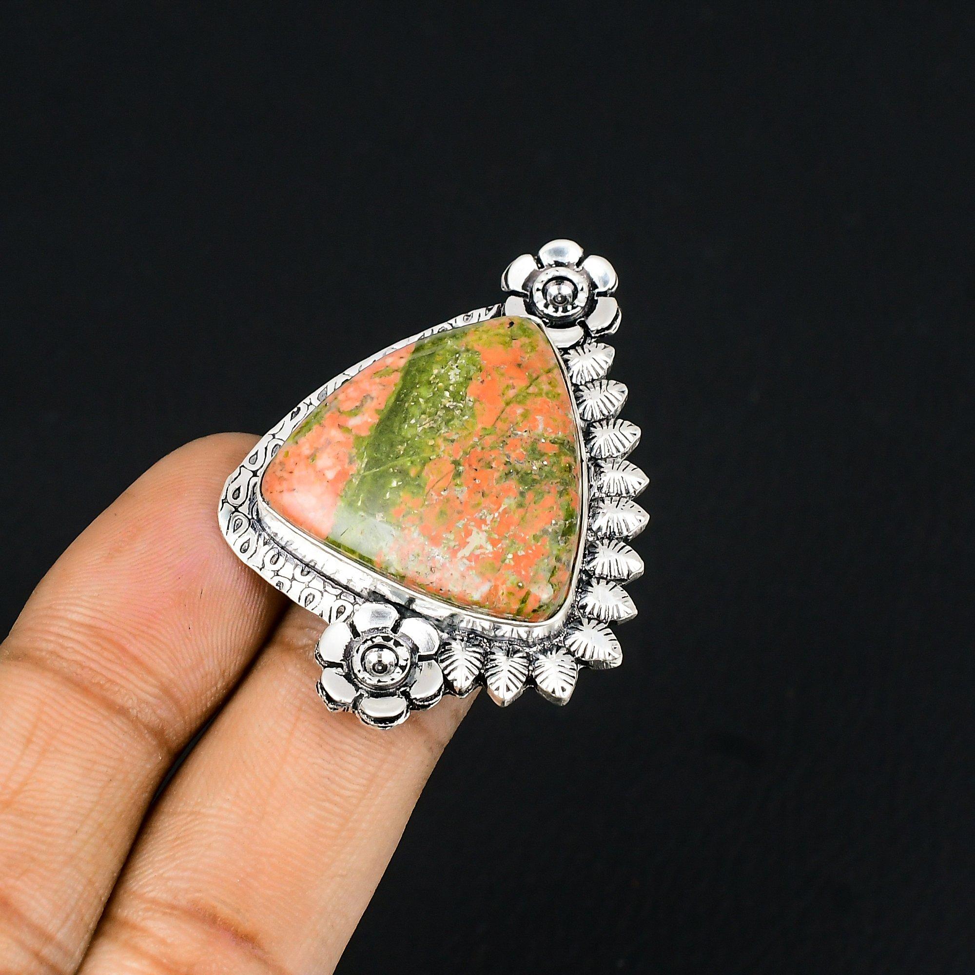 Gift For Women Multi Stone Flower Ring Size 7.5 925 Silver Natural Unakite 7.5