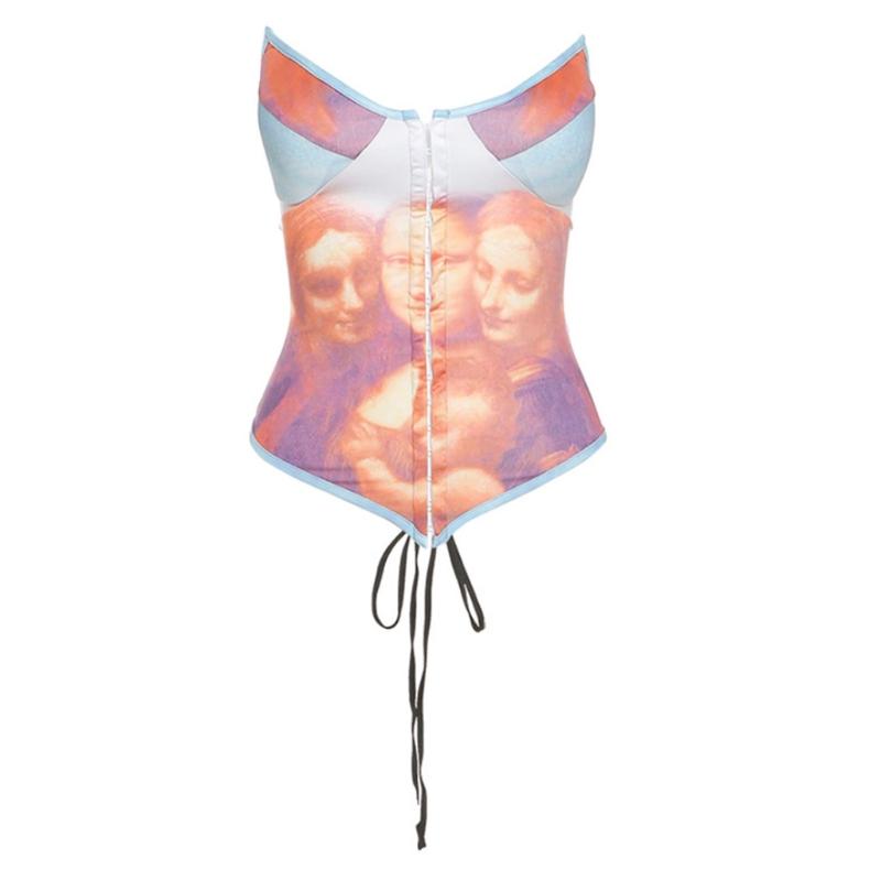 

Vintage Oil Painting Vest For Women Wide Collar Up Sleeveless Tunic Sexy Female Summer Fashion Backless Bustier L