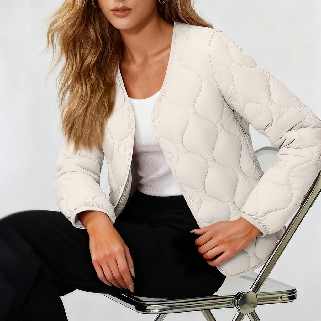 Women's Solid-color Fashionable Lightweight Down Cotton-padded Jacket, Warm Collarless Coat