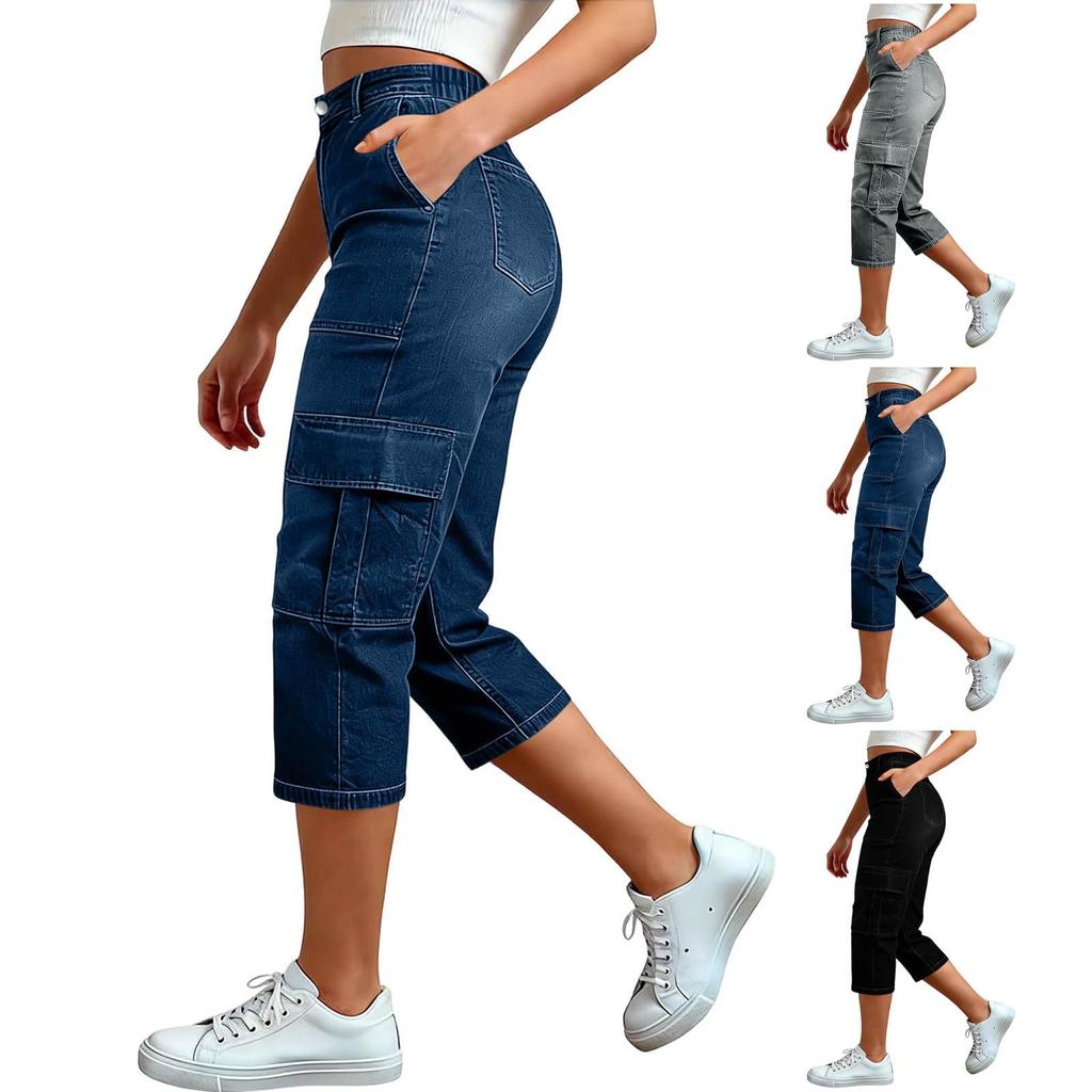 Women Denim Capri Pants Casual Loose Fit Mid Rise Stretchy Fabric Seven Quarter Length Cargo Style with Pockets