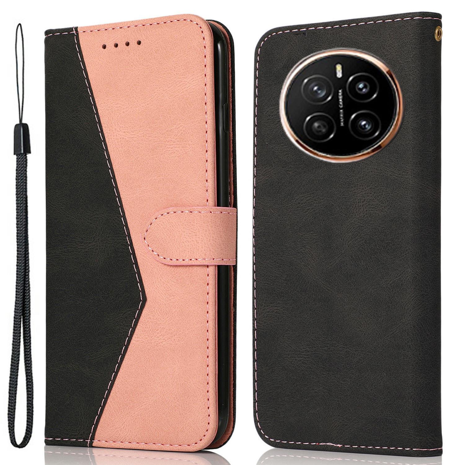 

For Honor Magic7 Pro 5G Case Color Splicing Wallet Stand Leather Phone Cover with Wrist Strap Black/Rose