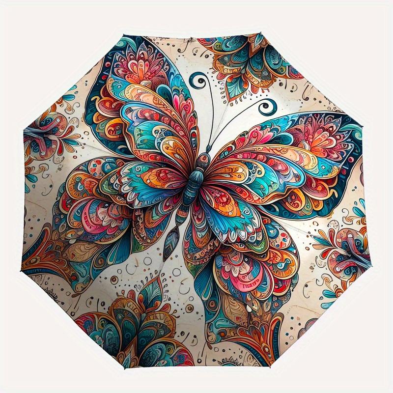 Butterfly, Mandala Theme Automatic Open/Close Umbrella, Portable 3 Fold Compact Umbrella for Men & Women, Valentine's Day Mother's Day Gift0725063