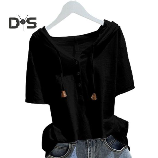 

Женская толстовка с короткими рукавами и шнурком с капюшоном, однотонный свободный мягкий повседневный пуловер, дышащий летний топ 3XL чёрный