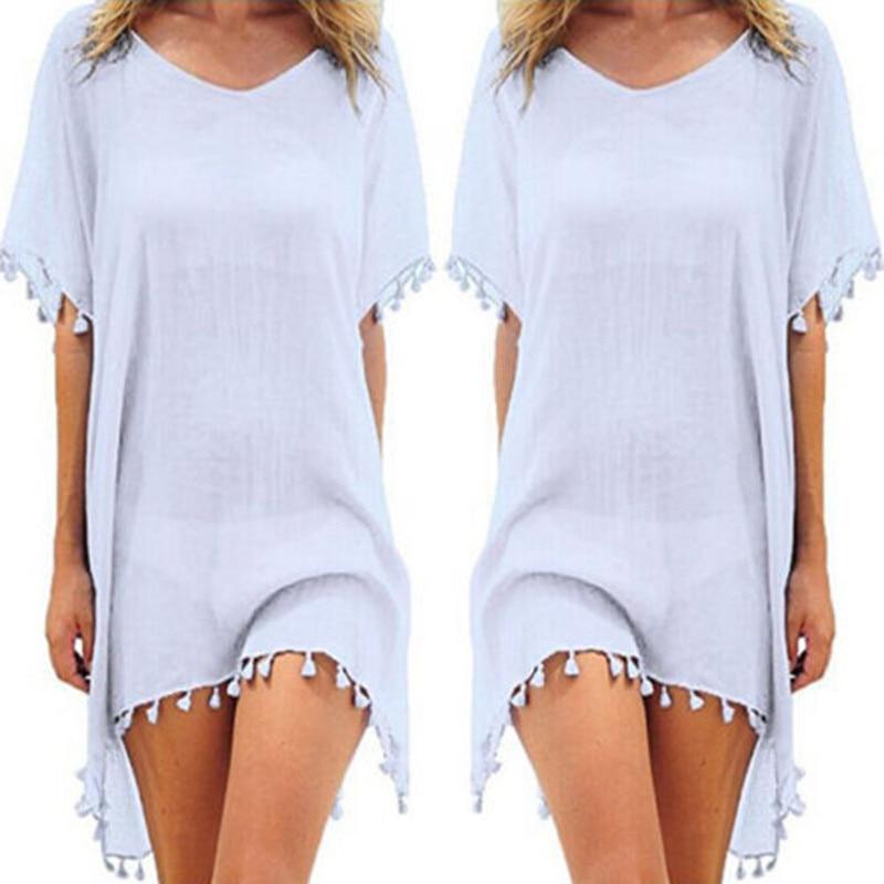 Summer Bikini Cover Up Chiffon Pompom Detail Hollow Crochet Swimsuit Cover-Ups Bathing Suit F Size