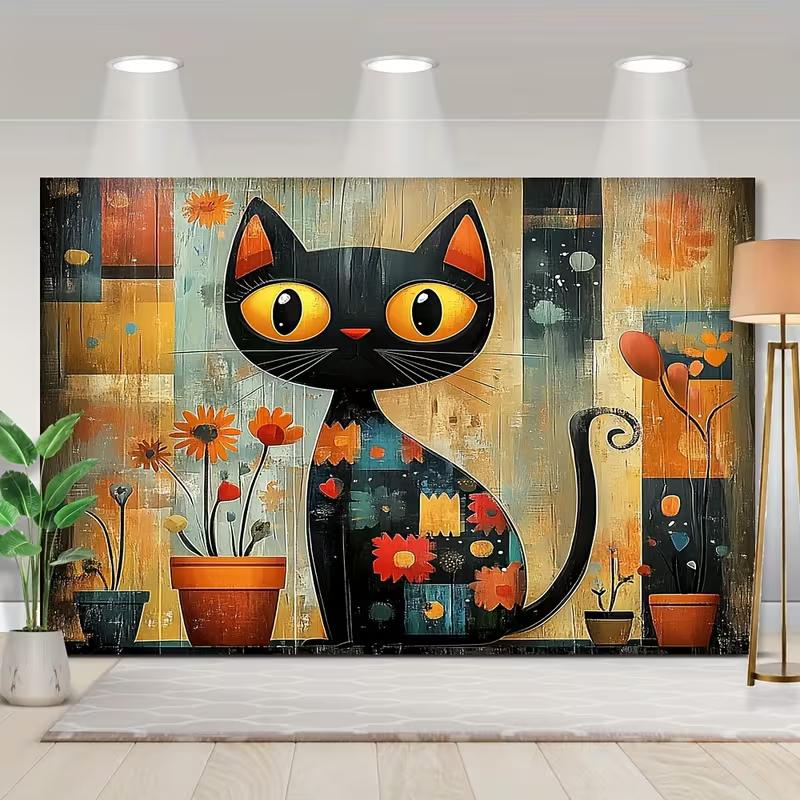 2D Retro Folk Art Cat Tapestry, Whimsical Black Cat with Floral Pots Scene Backdrop for Bohemian Spaces