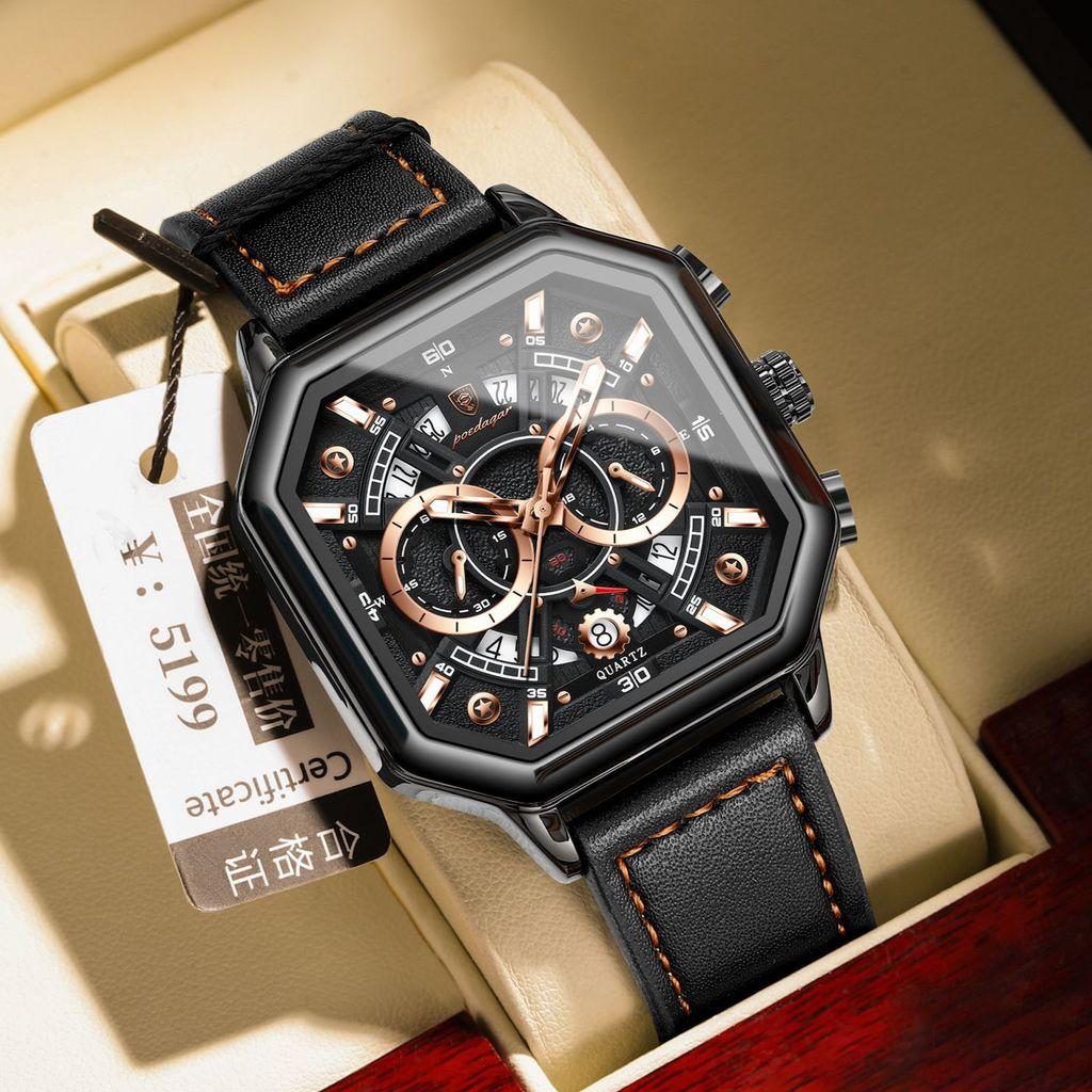 Swiss Watch Men Quartz Watch With Luminescent Hands And Leather Strap For Casual Wear