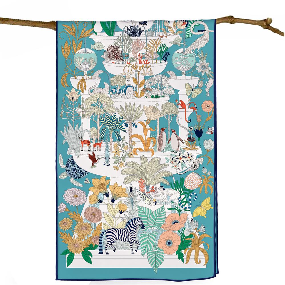 POBING Twill Silk Scarf Women Poncho Hand Rolled Zoo Animals Printed Long Scarves Wraps Bandana Big Shawl Hijabs Female Foulards