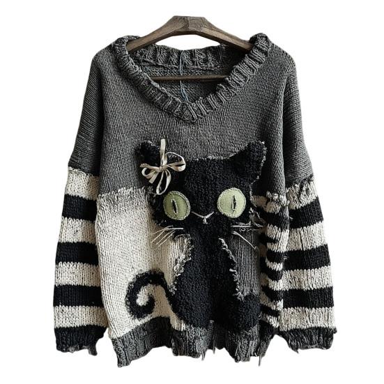 

Женский пуловер с V-образным вырезом и графическим принтом, с длинным рукавом, повседневный вязаный свитшот оверсайз, рваный винтажный осенний топ S