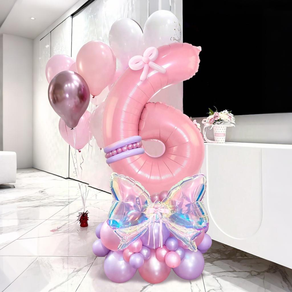 Rainbow Transparent Colorful Bow Balloon Set with 32 inch Pink Digital Balloon 0-9 for Anniversary Birthday Party Decoration