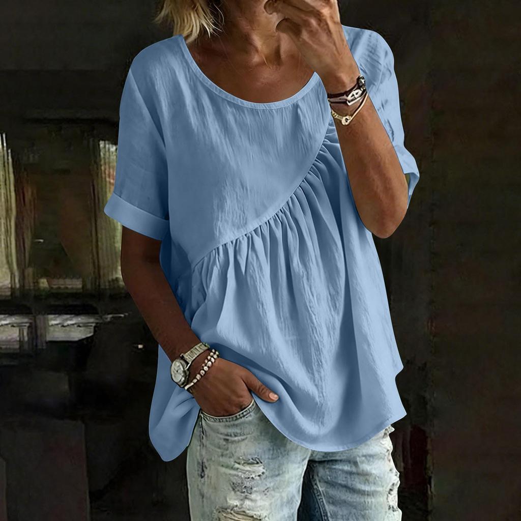 Women's Loose Fit Round Neck Short Sleeve Gathered T-Shirt Casual Summer Top